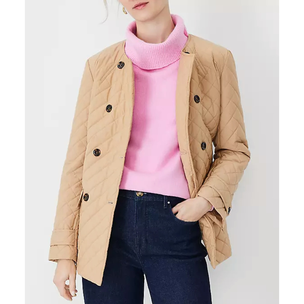 NEW ANN TAYLOR CAFE AU LAIT QUILTED BELTED DOUBLE BREASTED JACKET COAT SZ M - Picture 2 of 7